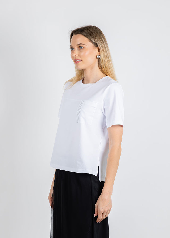 Margittes Beaded Pocket Tee in White available at Barbara Katz