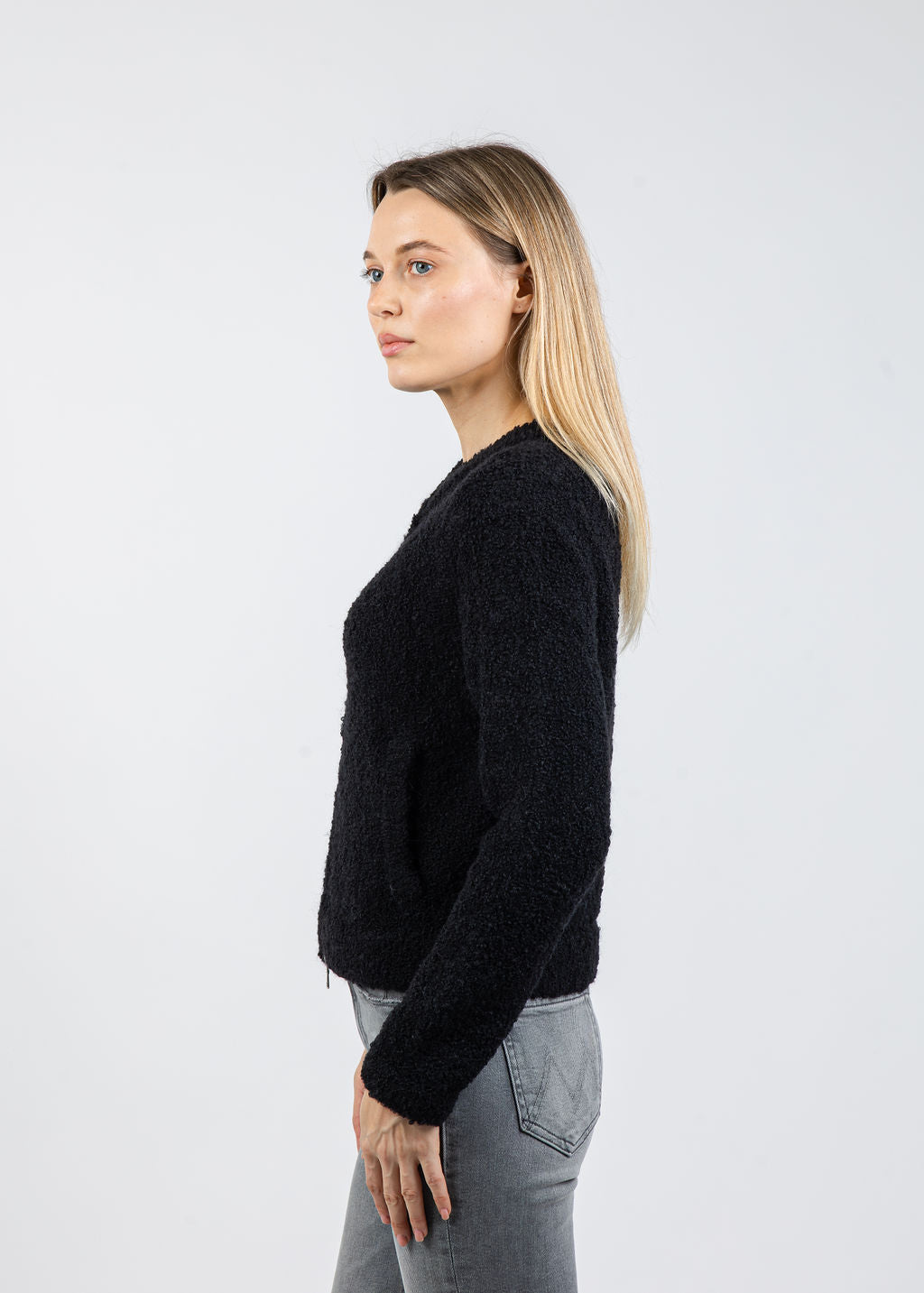 Margittes Boucle Zip Knit Sweater in Black available at Barbara Katz