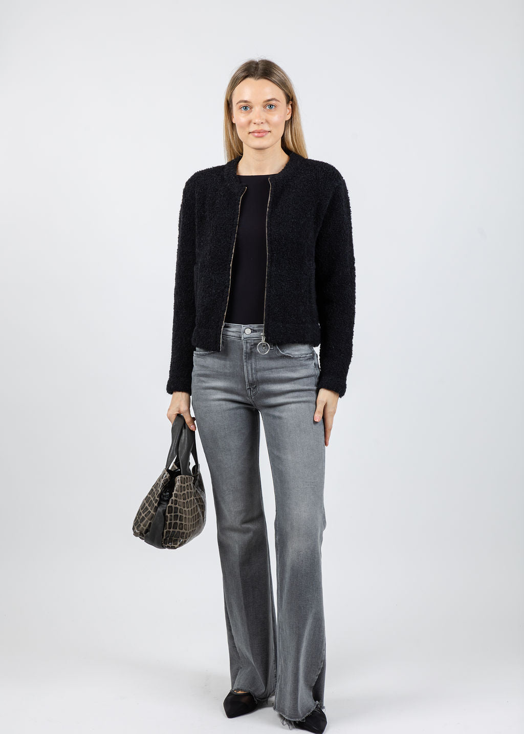 Margittes Boucle Zip Knit Sweater in Black available at Barbara Katz