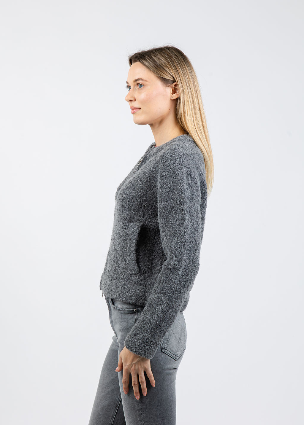 Margittes Boucle Zip Knit Sweater in Grey available at Barbara Katz