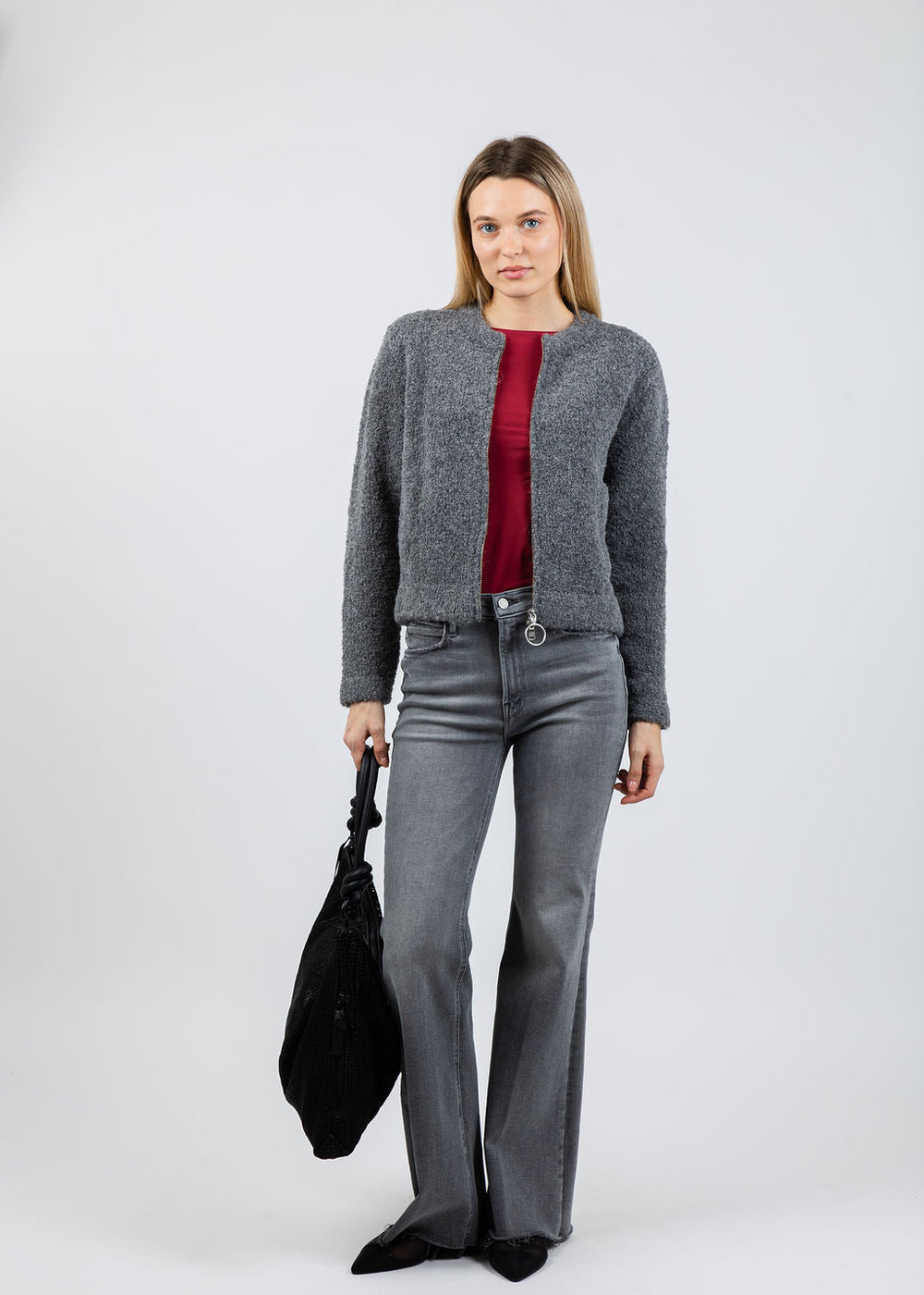 Margittes Boucle Zip Knit Sweater in Grey available at Barbara Katz