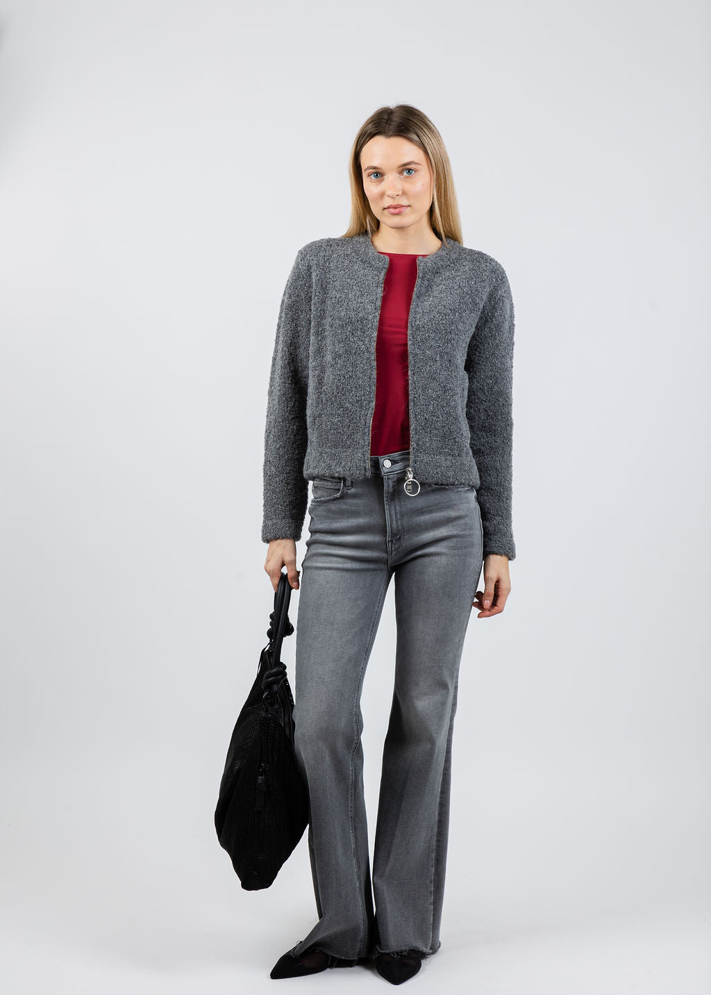 Margittes Boucle Zip Knit Sweater in Grey available at Barbara Katz