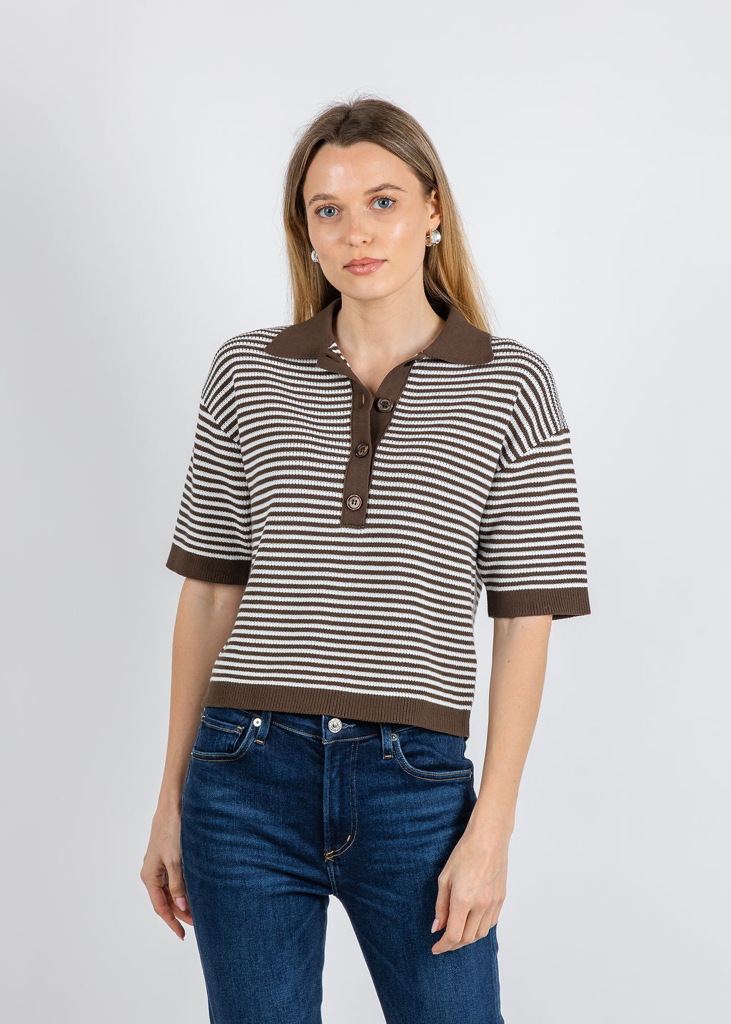 Margittes Cathy Stripe Knit Polo in Mocha available at Barbara Katz