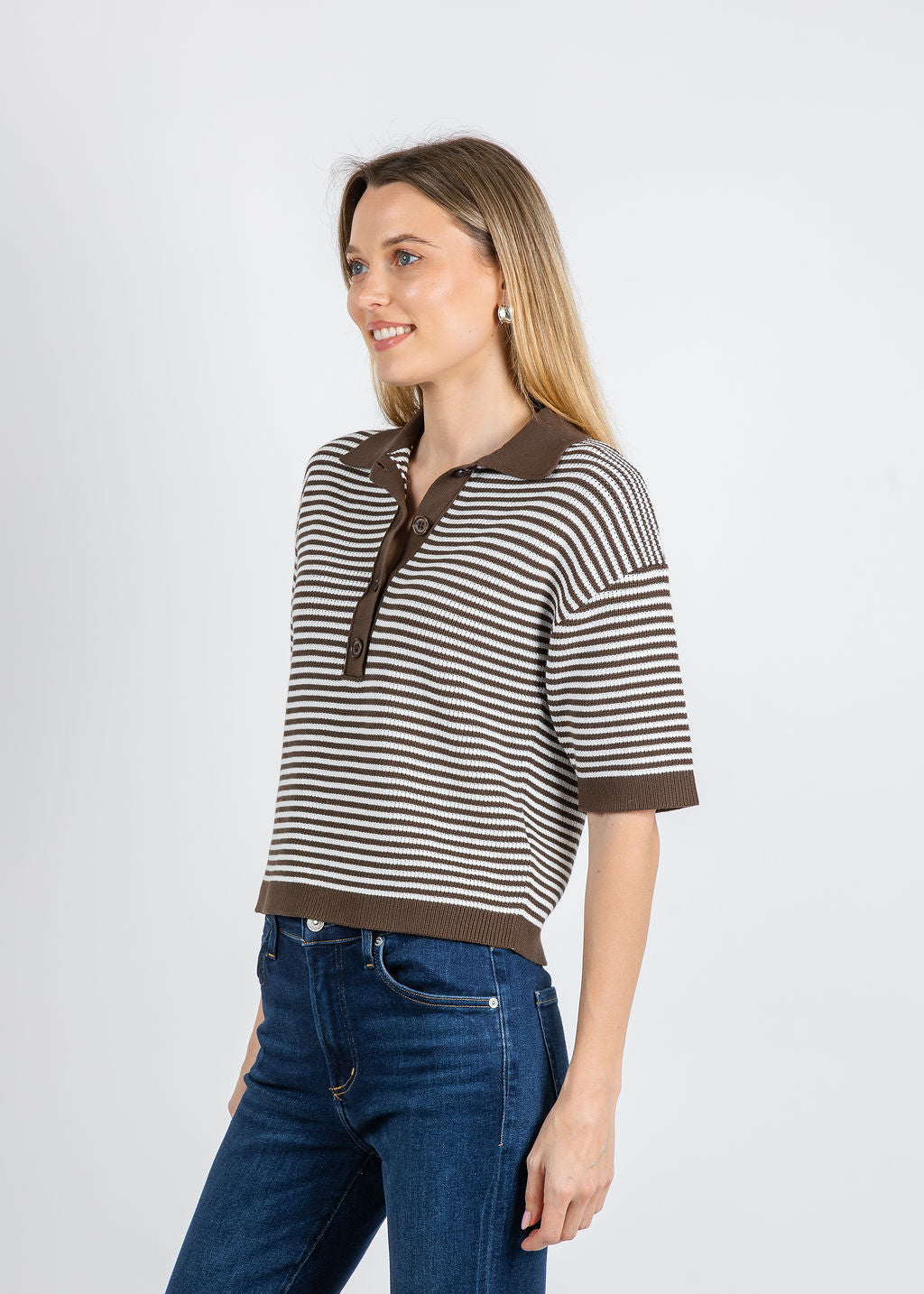 Margittes Cathy Stripe Knit Polo in Mocha available at Barbara Katz