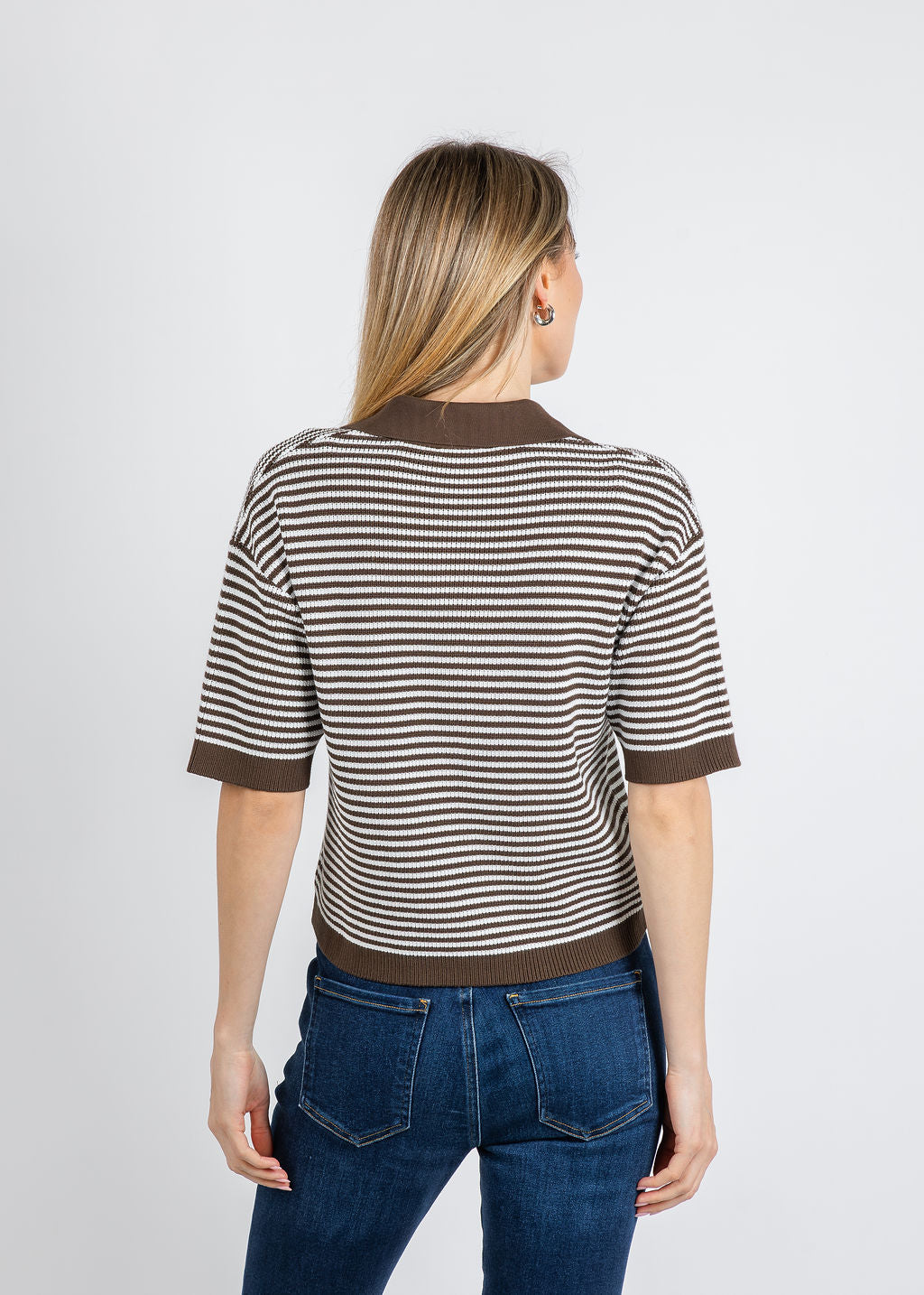 Margittes Cathy Stripe Knit Polo in Mocha available at Barbara Katz