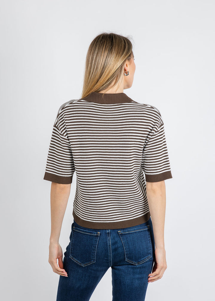 Margittes Cathy Stripe Knit Polo in Mocha available at Barbara Katz