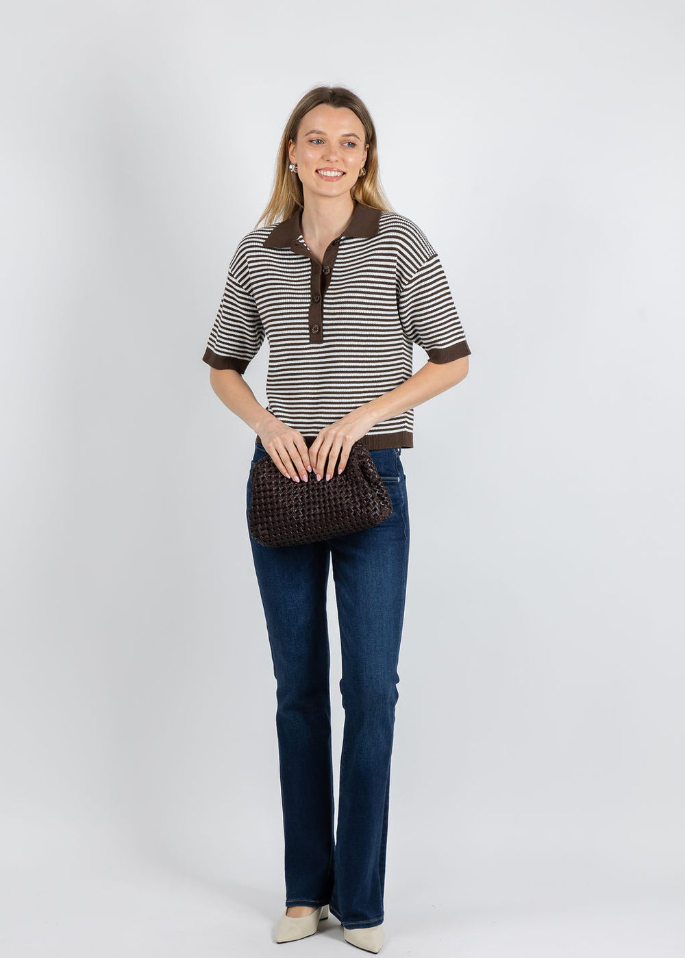 Margittes Cathy Stripe Knit Polo in Mocha available at Barbara Katz