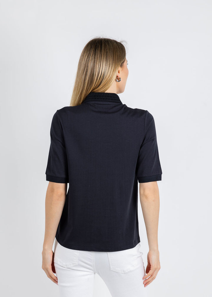 Margittes Crochet Collar Polo in Navy available at Barbara Katz