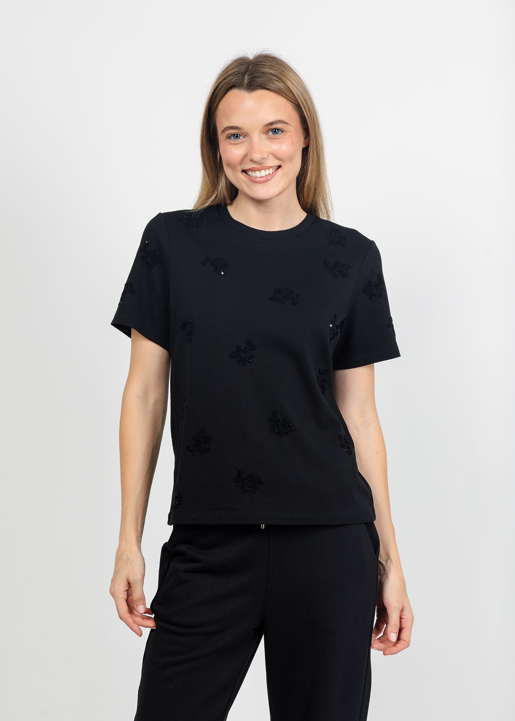 Margittes Floral Sequin Tee in Black available at Barbara Katz