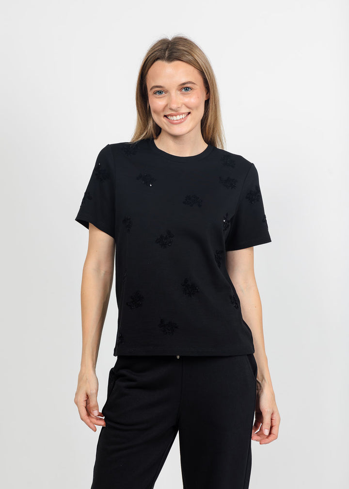 Margittes Floral Sequin Tee in Black available at Barbara Katz