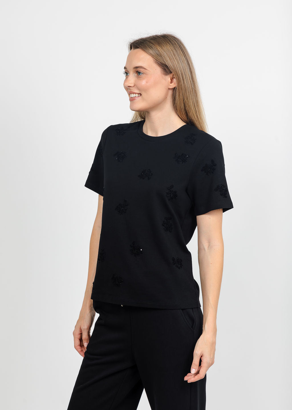 Margittes Floral Sequin Tee in Black available at Barbara Katz