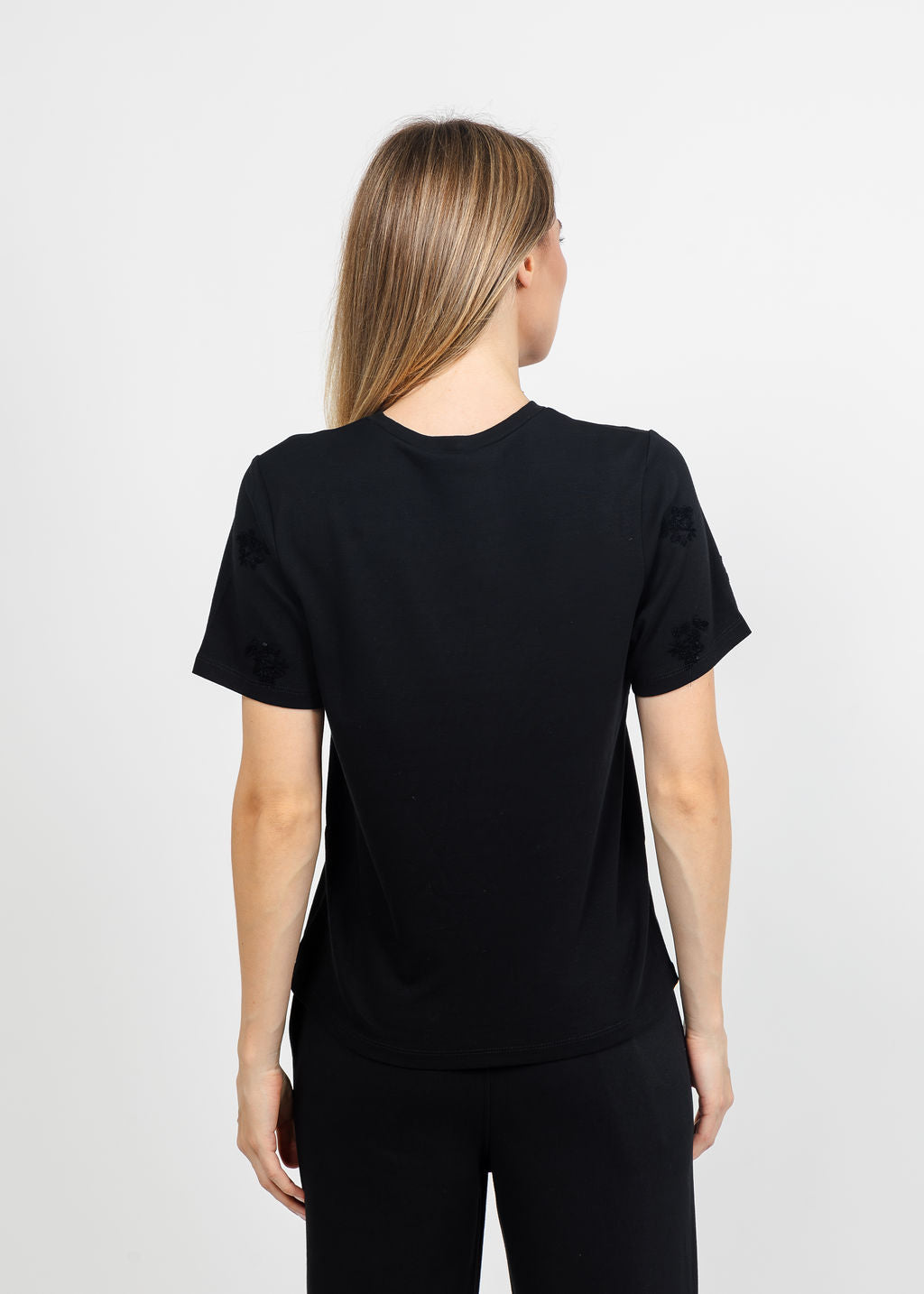 Margittes Floral Sequin Tee in Black available at Barbara Katz