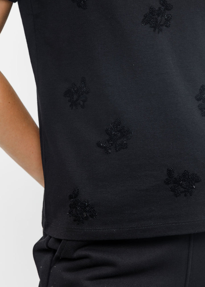 Margittes Floral Sequin Tee in Black available at Barbara Katz