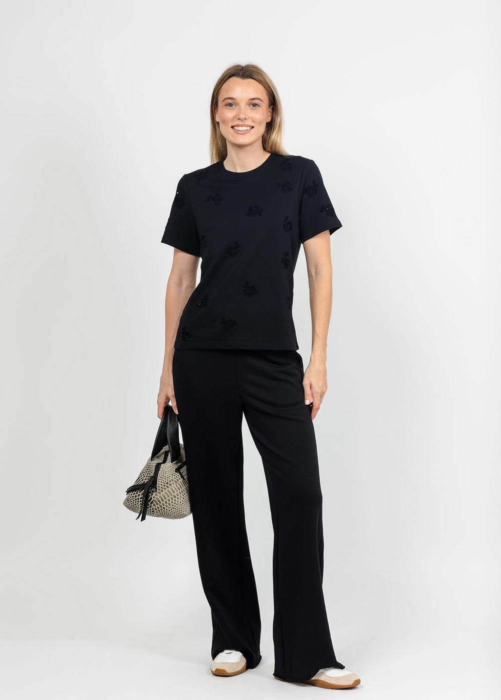 Margittes Floral Sequin Tee in Black available at Barbara Katz