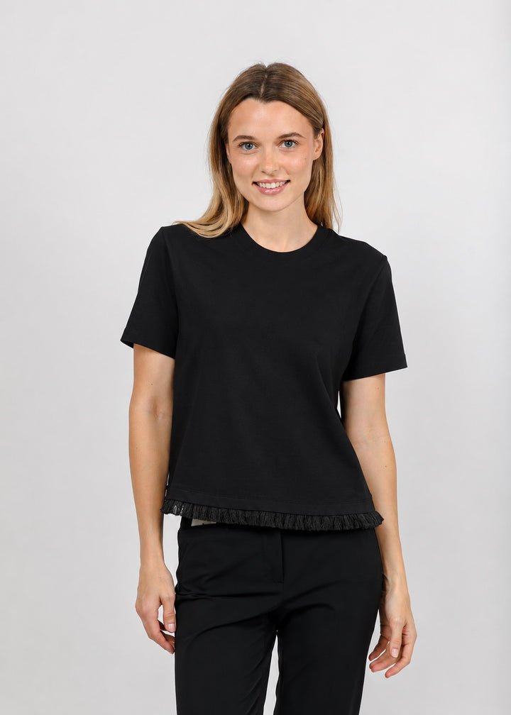 Margittes Fringe Hem Short Sleeve Tee in Black available at Barbara Katz