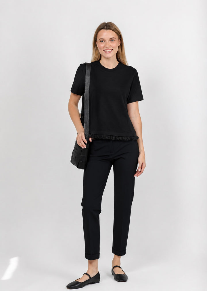 Margittes Fringe Hem Short Sleeve Tee in Black available at Barbara Katz