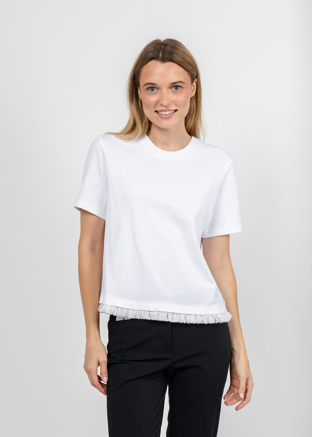 Margittes Fringe Hem Short Sleeve Tee in White available at Barbara Katz