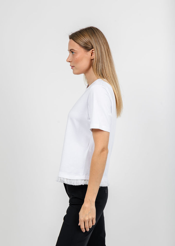 Margittes Fringe Hem Short Sleeve Tee in White available at Barbara Katz