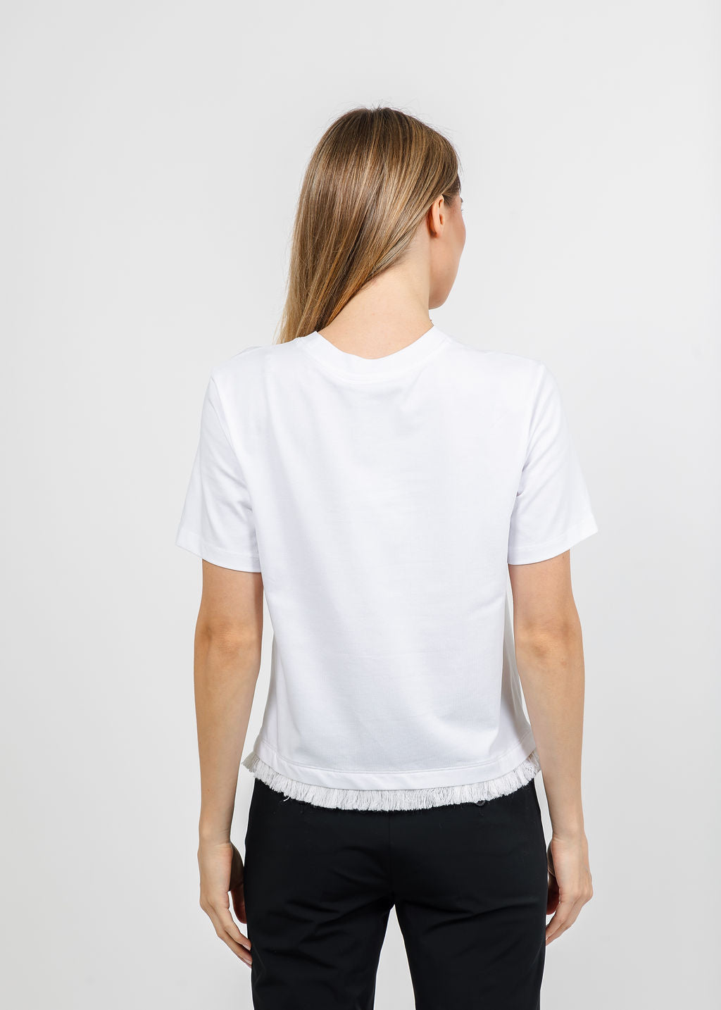 Margittes Fringe Hem Short Sleeve Tee in White available at Barbara Katz