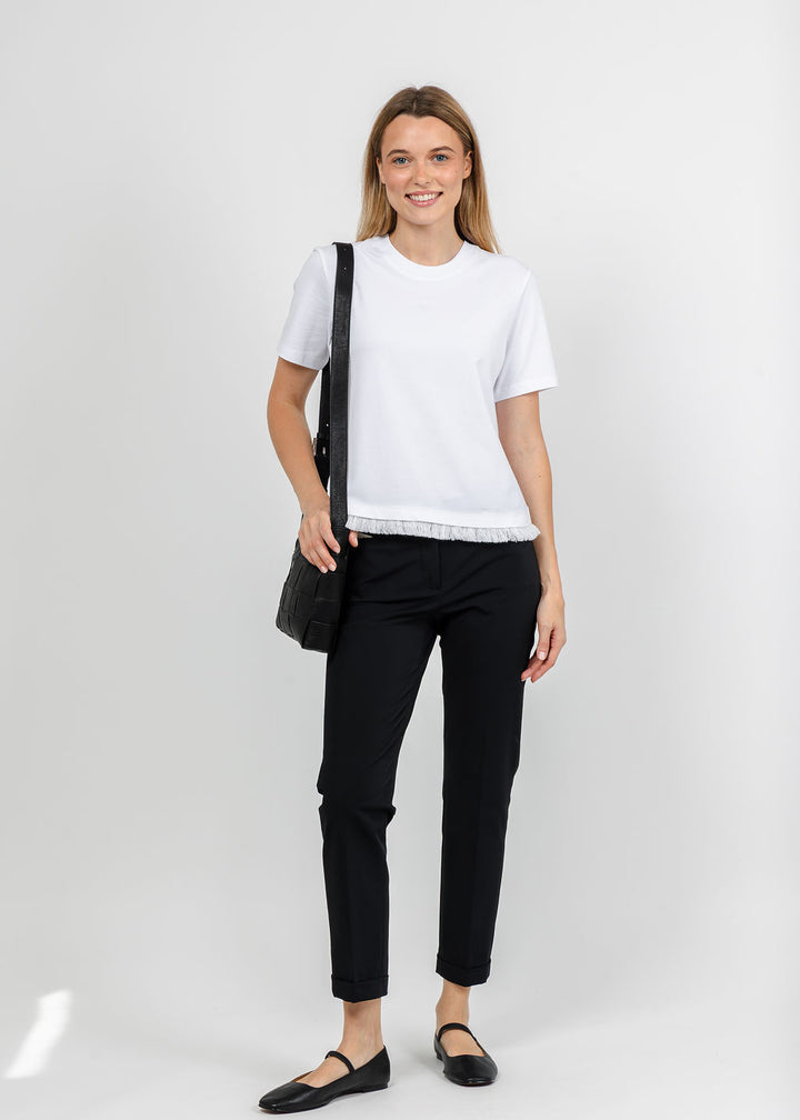 Margittes Fringe Hem Short Sleeve Tee in White available at Barbara Katz