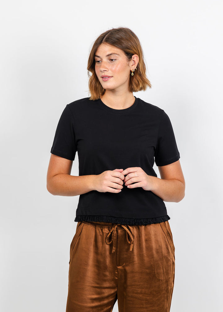 Margittes Fringe Hem Short Sleeve Tee in Black available at Barbara Katz