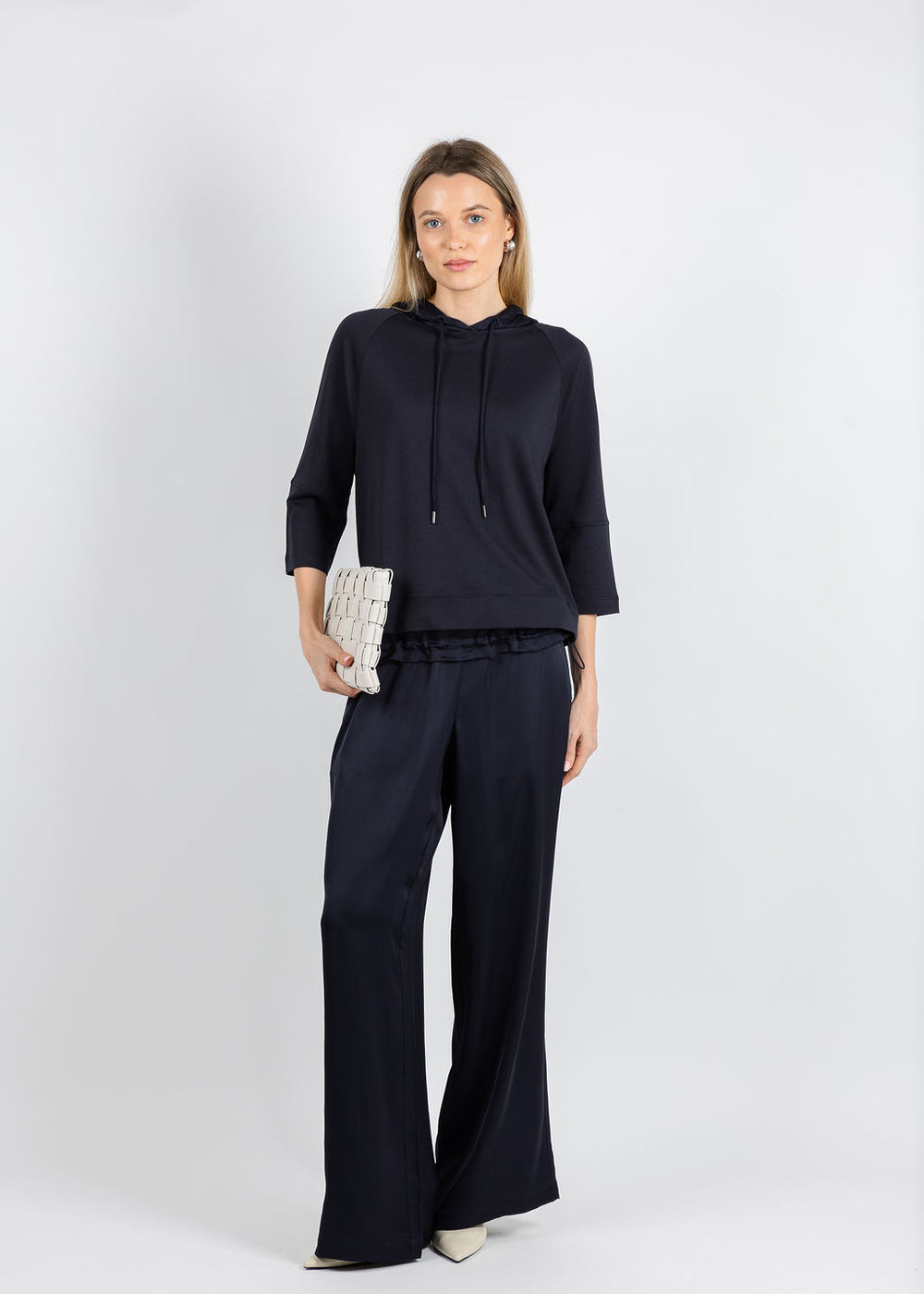 Margittes Satin Hoodie 3/4 Shirt in Navy paired with matching Margittes Irma Satin Pants available at Barbara Katz