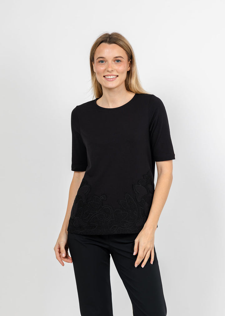Margittes Lace Bottom Short Sleeve Tee in Black available at Barbara Katz