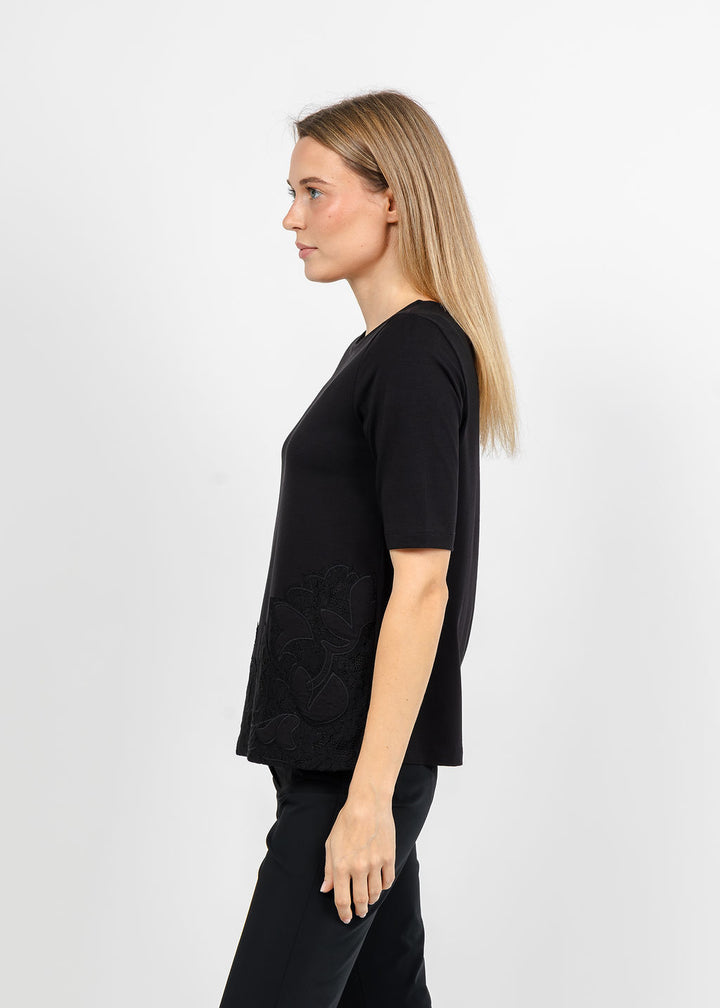 Margittes Lace Bottom Short Sleeve Tee in Black available at Barbara Katz