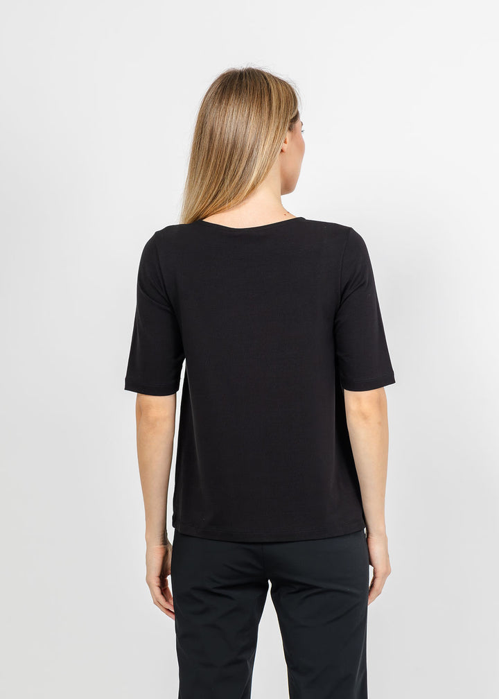 Margittes Lace Bottom Short Sleeve Tee in Black available at Barbara Katz