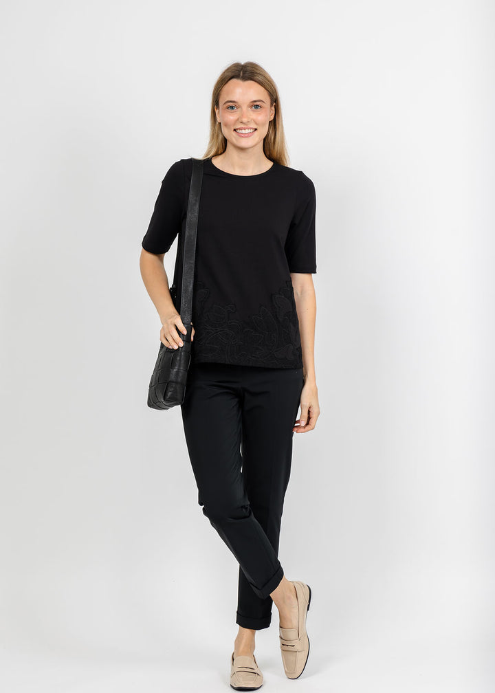 Margittes Lace Bottom Short Sleeve Tee in Black available at Barbara Katz
