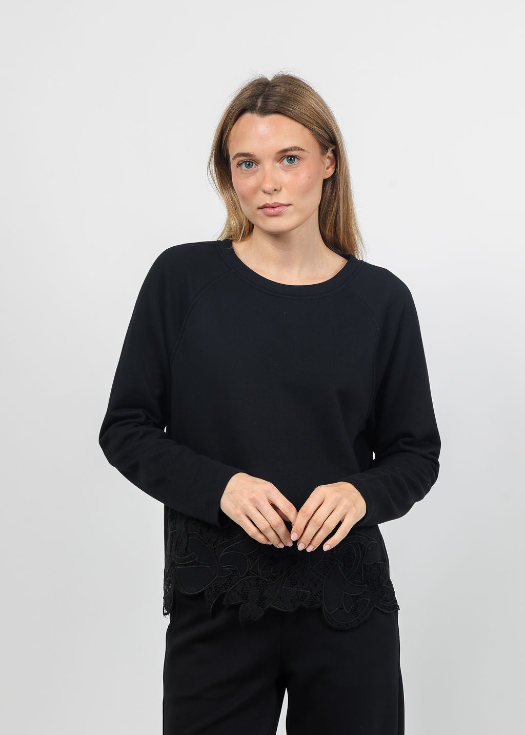 Margittes Lace Bottom Sweatshirt in Black available at Barbara Katz