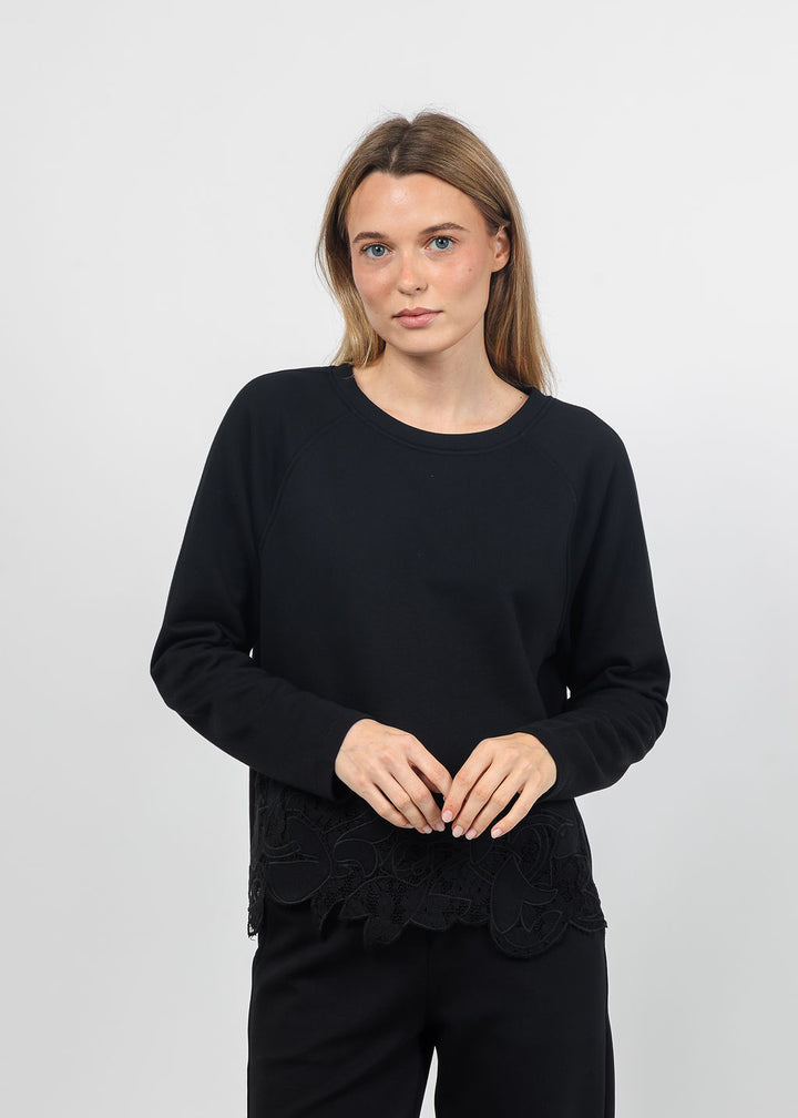 Margittes Lace Bottom Sweatshirt in Black available at Barbara Katz