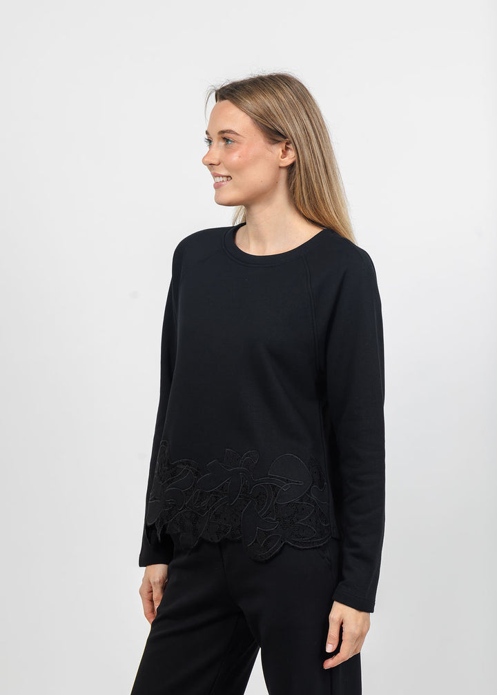 Margittes Lace Bottom Sweatshirt in Black available at Barbara Katz