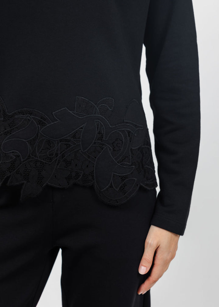 Margittes Lace Bottom Sweatshirt in Black available at Barbara Katz