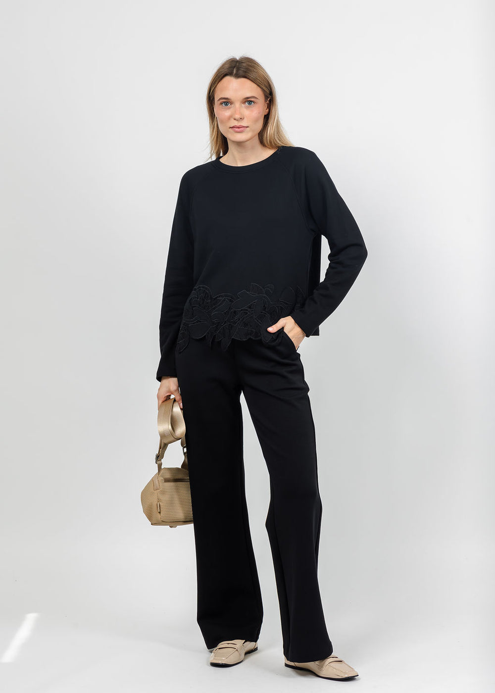 Margittes Lace Bottom Sweatshirt in Black available at Barbara Katz