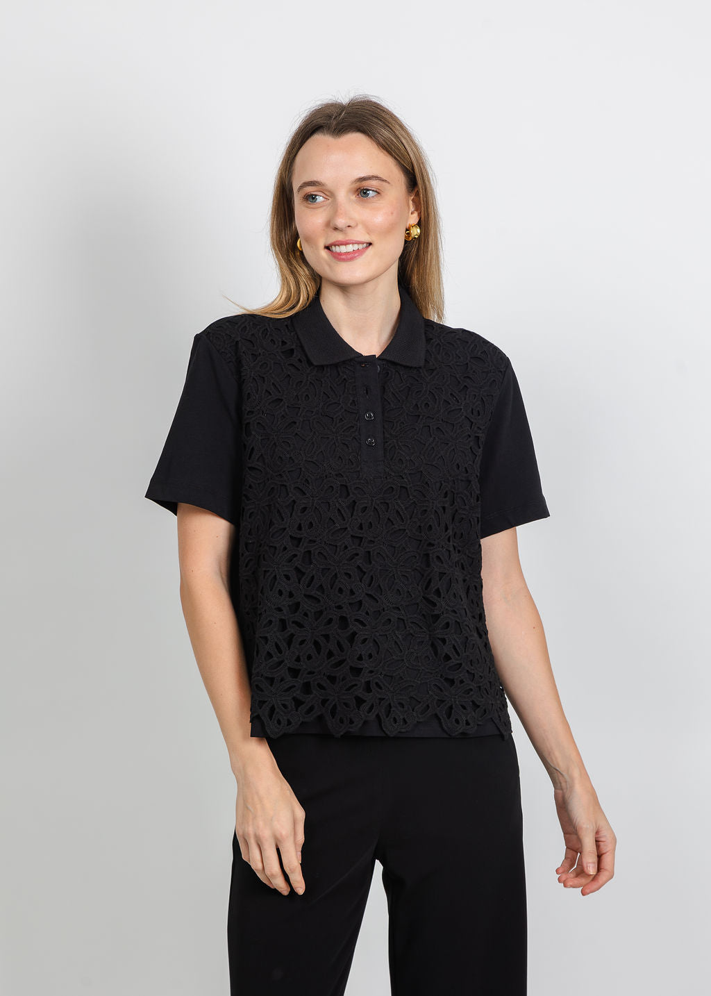 Margittes Lace Front Polo in Black available at Barbara Katz