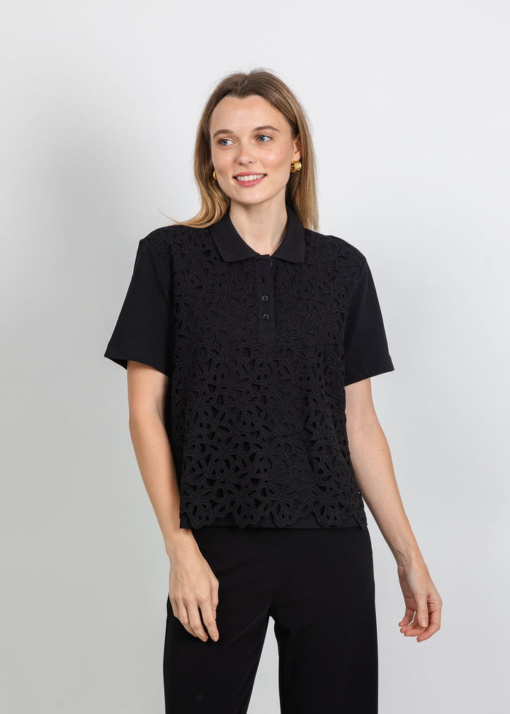 Margittes Lace Front Polo in Black available at Barbara Katz