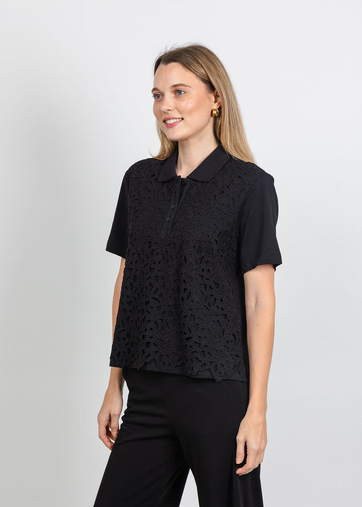 Margittes Lace Front Polo in Black available at Barbara Katz