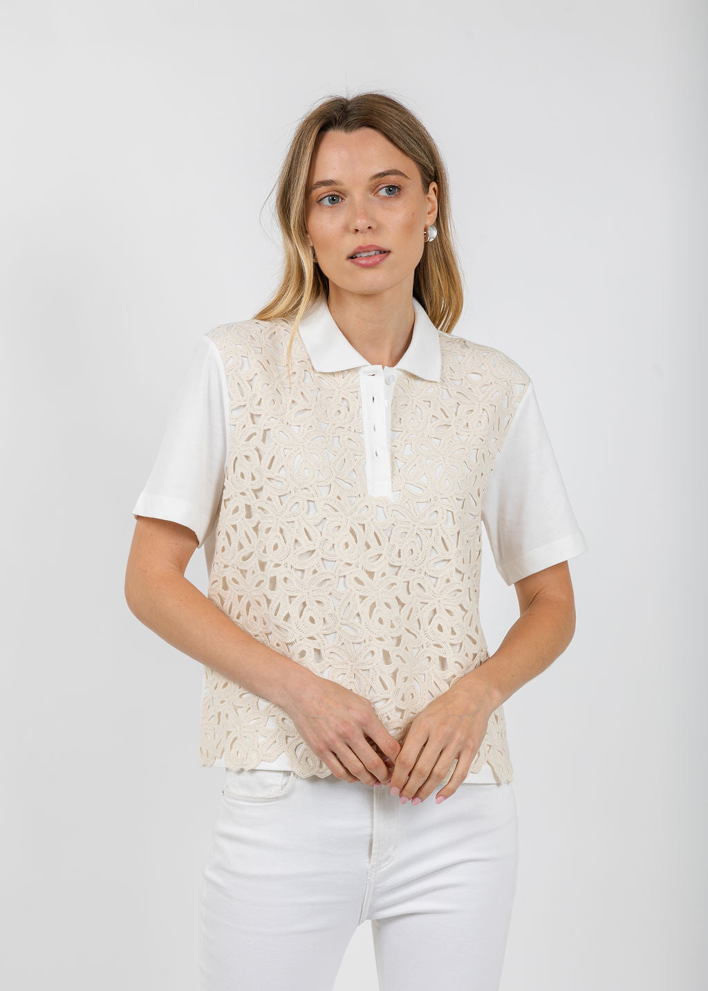 Margittes Lace Front Polo in Off White available at Barbara Katz