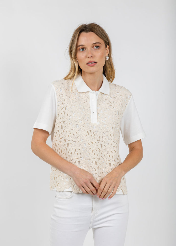 Margittes Lace Front Polo in Off White available at Barbara Katz