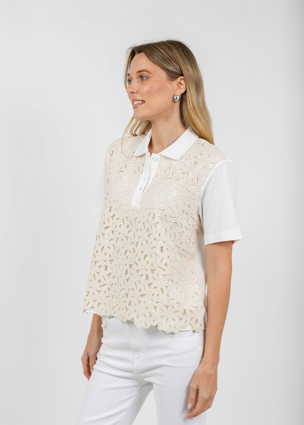 Margittes Lace Front Polo in Off White available at Barbara Katz