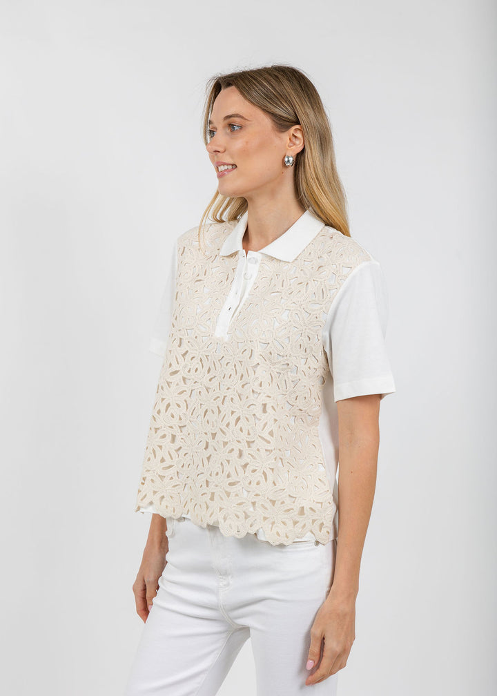 Margittes Lace Front Polo in Off White available at Barbara Katz