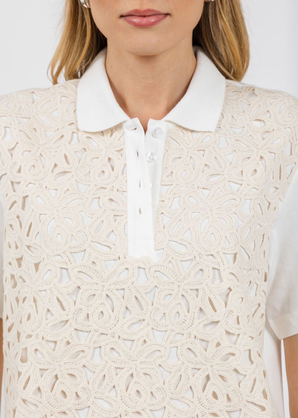 Margittes Lace Front Polo in Off White available at Barbara Katz