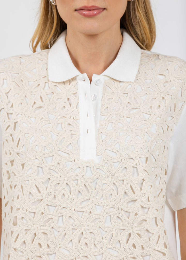 Margittes Lace Front Polo in Off White available at Barbara Katz
