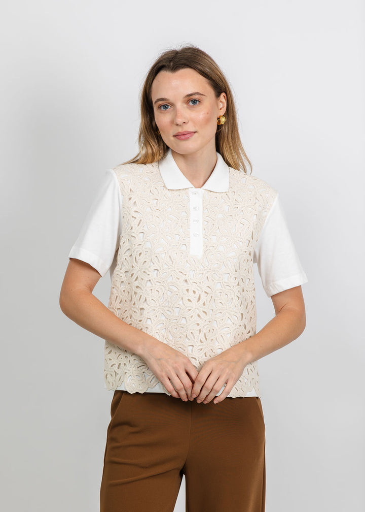 Margittes Lace Front Polo in Off White available at Barbara Katz