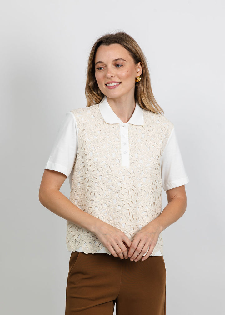 Margittes Lace Front Polo in Off White available at Barbara Katz