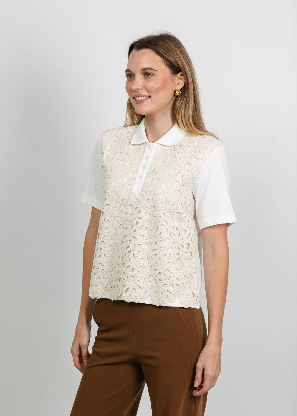Margittes Lace Front Polo in Off White available at Barbara Katz