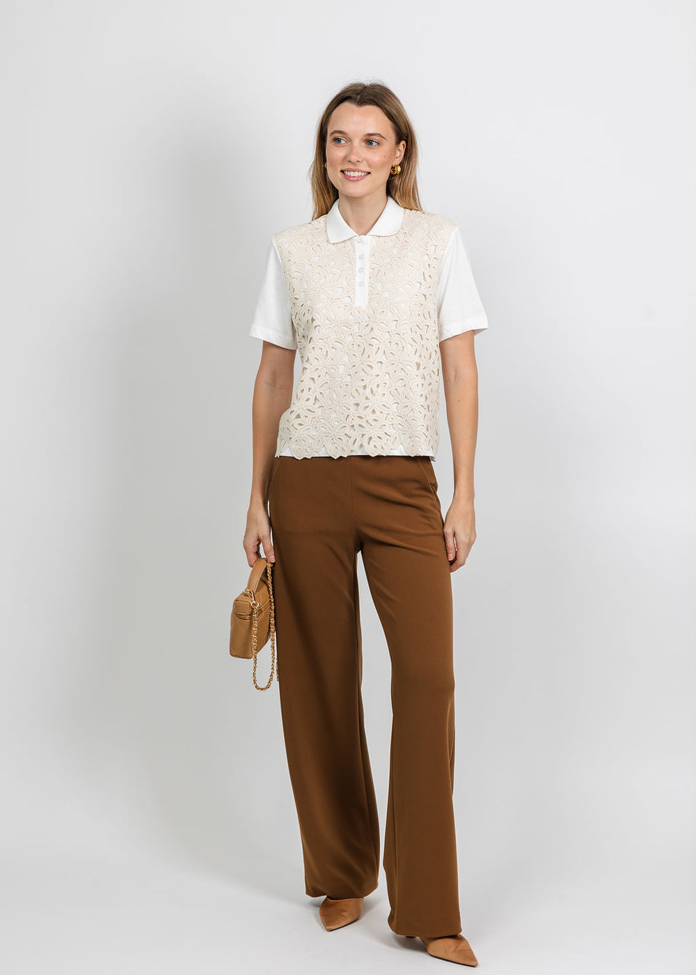 Margittes Lace Front Polo in Off White available at Barbara Katz