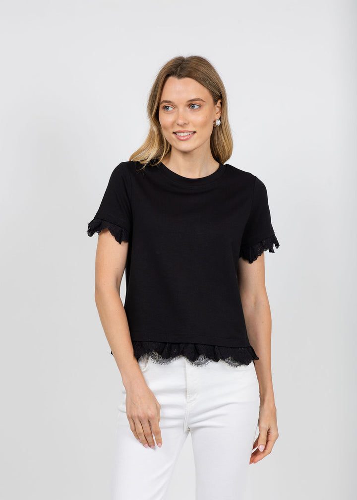 Margittes Lace Trim Crew Neck Tee in Black available at Barbara Katz