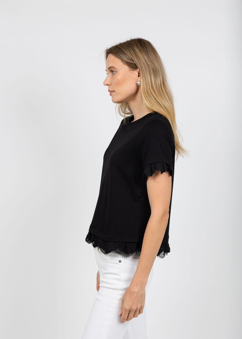 Margittes Lace Trim Crew Neck Tee in Black available at Barbara Katz